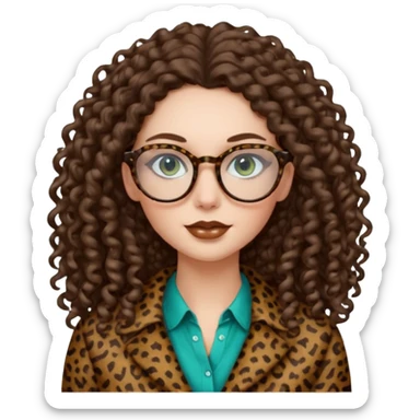 a blue green eyed woman with very very long brunette curly hair, full lips,and pale skin. She is wearing a leopard printed thin round-ish glasses . She is wearing brown clothes. sticker