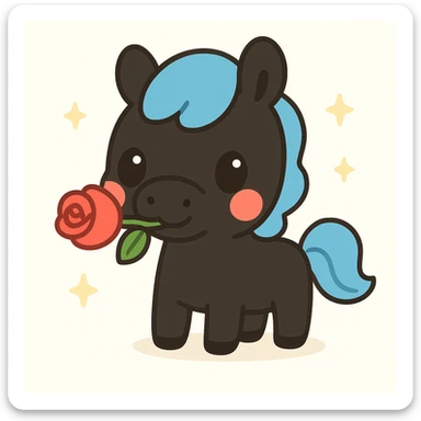 Make the horse black, keep the rose in its mouth, cute cartoon style. sticker