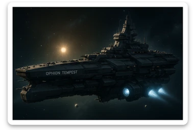 capital class space cruiser supercarrier of Zrian [human] origins, named the "Ophion Tempest" sticker