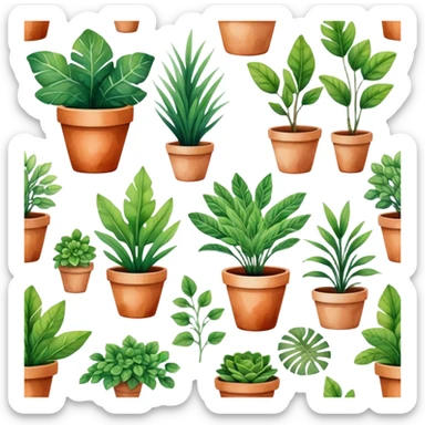 A stylized collection of leafy green plants in boho-inspired pots, arranged artistically in a watercolor painting. sticker