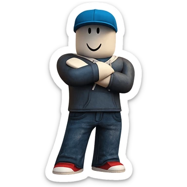 Extract only the blue-capped character (second from left) from the image, place it on a transparent background, and keep the original Roblox style and appearance. sticker