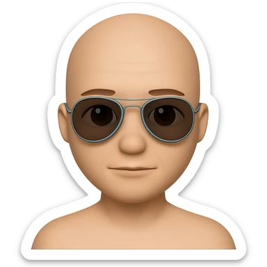 A bald guy wearing round sunglasses in the style of apple emojis, with no background, clean and crisp apple emoji style look. sticker