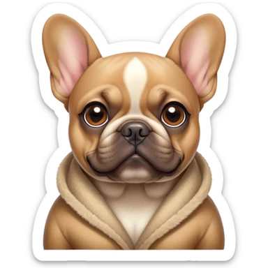 Cinematic Noble Fawn French Bulldog Portrait Emoji, Poised and regal, with a compact, muscular build and a sleek, well-groomed fawn coat, deep-set soulful dark eyes, Simplified yet sharp and sophisticated features, highly detailed, glowing with a soft, dignified glow, high shine, intelligent and determined, stylized with an air of authority, focused and attentive, soft glowing outline, capturing the essence of a watchful and confident companion, so majestic it feels as though it could strut out of the screen with effortless authority! sticker