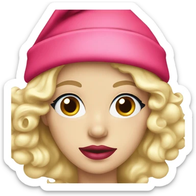 Beautiful blonde blue eyed woman with pink lips wearing red santa hat sticker