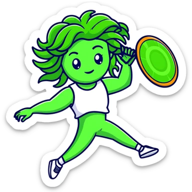 medusa, wearing an athletic outfit, throwing a frisbee sticker