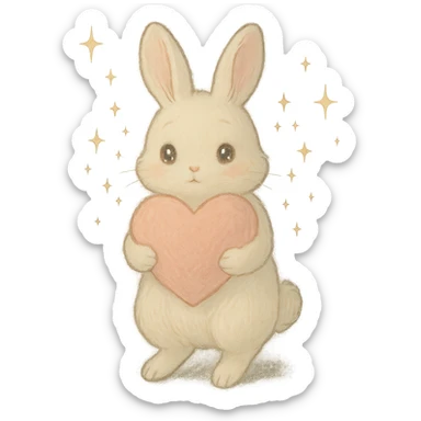 full-body milky white bunny with sparkling eyes, holding a big heart, sparkles floating around, dreamy pose, soft pastel Ghibli look sticker