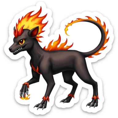 Badass black skeletal cool shiny Houndoom-Charmeleon-Fakémon-hybrid-creature (full body)  with flamey Mohawk  sticker