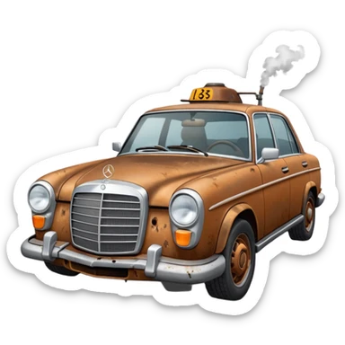 a broken mercedes with steam coming from below the bonnet sticker