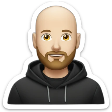 bald white man with a salt and pepper beard typing on apple computer wearing a black hoodie sticker