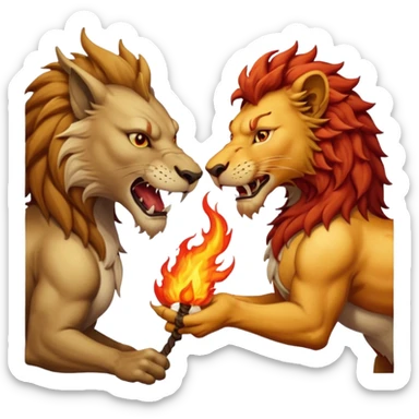 un dragon et un lion en combat, le lion crache du feu sur un loup, action intense sticker