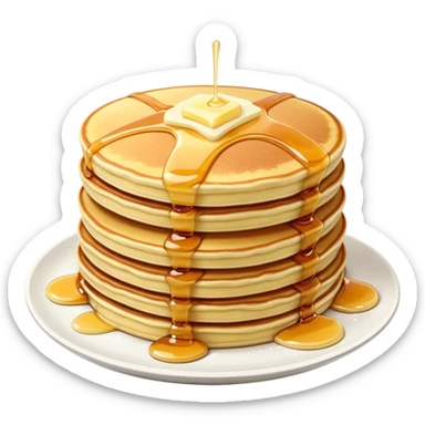 Cinematic fluffy golden pancakes, stacked high, drizzled with maple syrup, topped with fresh butter melting on top, light dusting of powdered sugar, warm and inviting, soft glow and mouthwatering. sticker