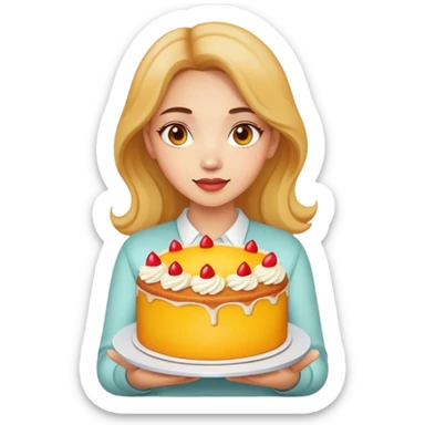 Beautiful girl holding a big mango cake in both hands sticker
