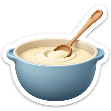 a cream ceramic mixing bowl with a wooden spoon stirring sticker