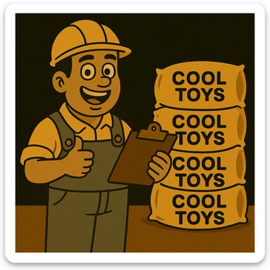 Change the background to pure black while keeping the cartoon factory worker and golden bags labeled 'cool toys' in the scene. Maintain the cheerful, modern cartoon style with warm colors and clear details. sticker