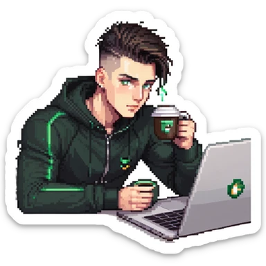 male with dark hair, high fade haircut, high slick back hairstyle, green eyes, wearing a black tracksuit, coding on black laptop, drinking coffee sticker