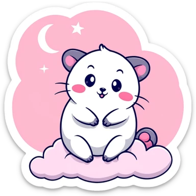 pink possum sitting on a fluffy cloud, surrounded by stars and moons, vibrant colors, mischievous or slightly evil expression, sparkles everywhere sticker