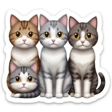 3 different coloured short haired cats including; a dark brown tabby and white cat, and a dark grey and white  sticker