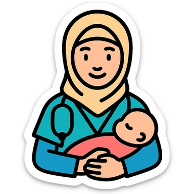 Add a baby in her arms, keep her gentle expression and medical attire, no background. sticker
