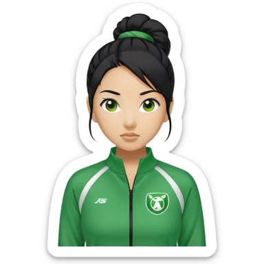 Cha: Age Late 50s, a Asian woman with black hair tie, Green player tracksuit sticker