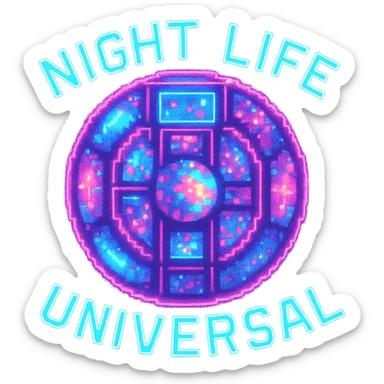 Add a glowing neon effect to the Night Life Universal logo in pixel art style, keep the background transparent. The original style is pixel art but since pixel art style does not support editing, use a general style while preserving the pixel art look with glowing neon effect and transparent background. sticker