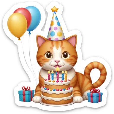 Ginger cat celebrates birthday, birthday hat, birthday cake, balloons, happy, gifts sticker