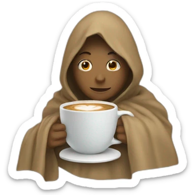Person wrapped in a blanket with a coffee cup sticker