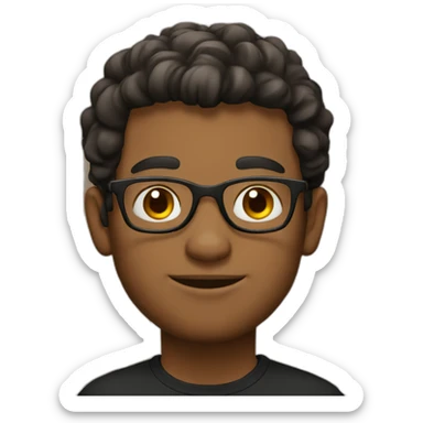 Brown guy, no facial hair, round glasses, black t shirt sticker