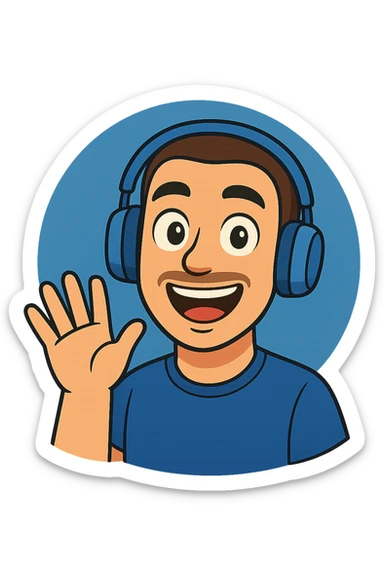 Create a variant of the cartoon style image with the character wearing blue headphones instead of black and red, keeping the same cartoon style and character details. sticker