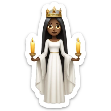 lucia with candles in her lucia crown with dark long hair and a white long sleeved gown sticker