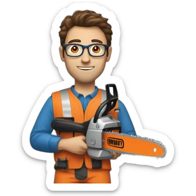 a guy with brown hair, square glasses, an orange repairman's suit, blue eyes, with a chainsaw sticker