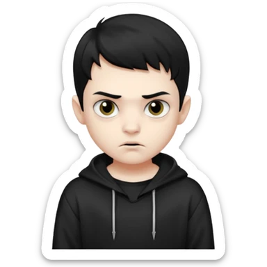 Vampire boy with the short black hair, pale-white skin, black eyes, little fangs and dark circles under his eyes. He has serious face and he wear a black oversize sweatshot sticker