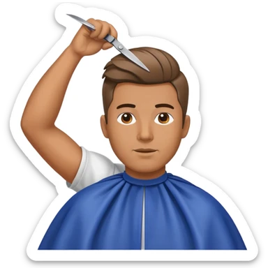 a man with a large face, wearing a barber cape, having his hair cut with scissors above his head sticker