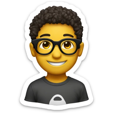 Un niño sonriente con unos lentes negros de sol con una remera con cuellito de color mostaza sticker