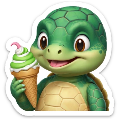 cute turtle portrait, head and shoulders only, licking an ice cream cone, funny happy expression, 3D cartoon, mobile game icon style, clean background, no text, no watermark
 sticker