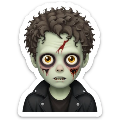 zombie boy messy curly hair black jacket white tee shirt sticker