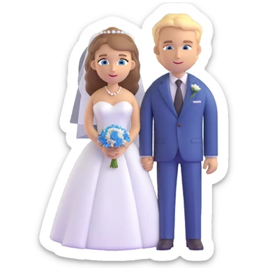 portrait of a bride with light brown hair and grey-blue eyes, and a groom with blonde hair, blue eyes, wearing a brown suit sticker