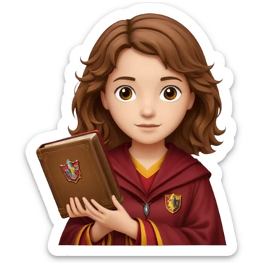 Illustrate Hermione Granger with wavy brown hair, Gryffindor robe & holding a book or wand sticker