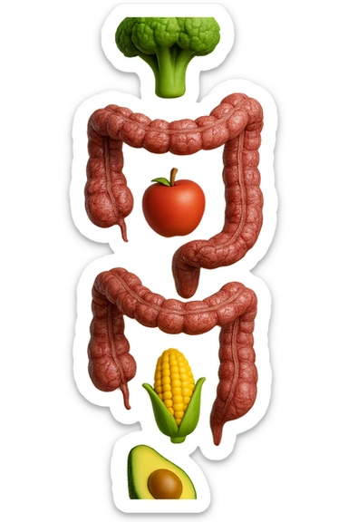 emoji stile iphone in 3d di cibo sano che fluttua in aria vericalmente insieme a pezzi di colon umano anatomico, iperrealistico 4k sticker