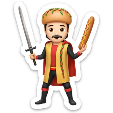 Middle aged attractive man wearing a hot dog costume wielding a katana sticker