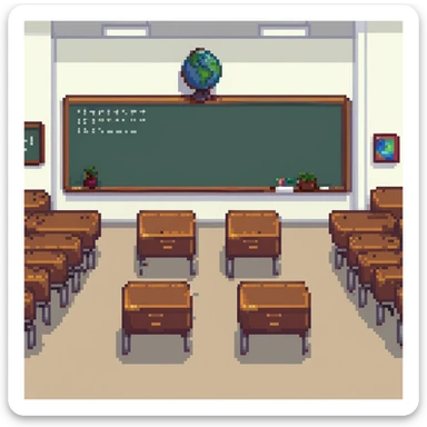 classroom with a group of students interacting in pixel art style sticker