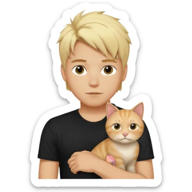 sexy boy with blond kudrnatými hair and black t-shirt with cat  sticker