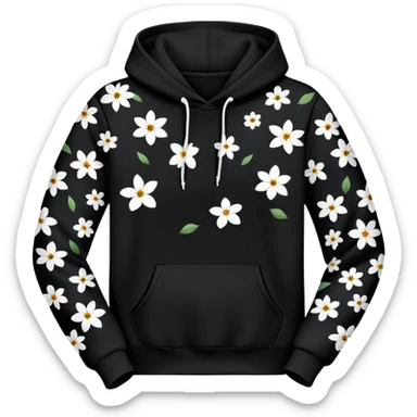 The BLACK Hoodie features a black base with distinctive white and black  open flower spots with empty space in the middle, These hollow ring-like patterns are scattered across. BLACK AND WHITE FLOWERS SPACED OUT FLOWERS, AND ONLY A FEW FLOWERS AND NO DOTS, NO VINES sticker