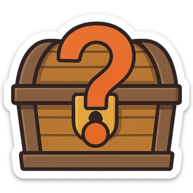 flat toon style treasure chest with a bold question mark overlay, mysterious sticker