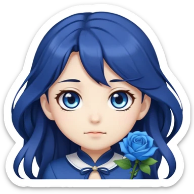cute anime girl emoji, long dark hair, blue rose hair accessory, big blue anime eyes, chibi anime style sticker