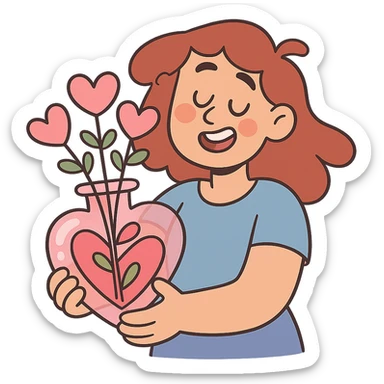 transparent pink heart vase with matching pink heart flowers, soft pastel illustration style sticker