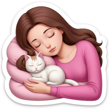 A pretty white girl with very long brown hair and pink clothing sleeping curled up to a white cat  sticker