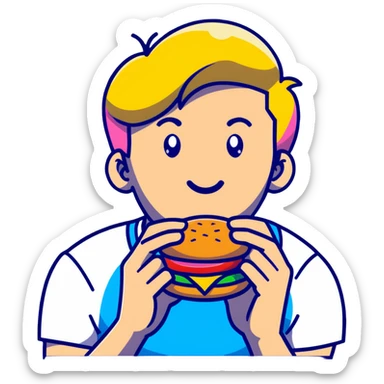 Young blonde guy with blue eyes from LGBT community eating McDonald's burger, rainbow pride details sticker