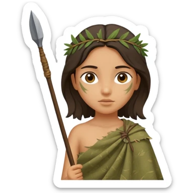 ancient girl, tattered leaf cloth, hold spear sticker