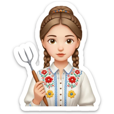 Ukrainian young girl in white embroidered traditional shirt holding needlework tools sticker