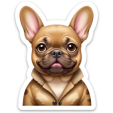 Cinematic Comical Fawn French Bulldog Portrait Emoji, Head tilted dramatically with an exaggeratedly amused expression, featuring a striking fawn coat with a subtle brindle pattern, wide, expressive dark eyes filled with playful disbelief, Simplified yet hilariously expressive features, highly detailed, glowing with a slightly sassy glow, high shine, dramatic yet playful, stylized with an air of cheeky charm, bright and endearing, soft glowing outline, capturing the essence of a spirited and over-the-top companion, so meme-worthy it feels like it could side-eye its way into internet fame instantly! sticker